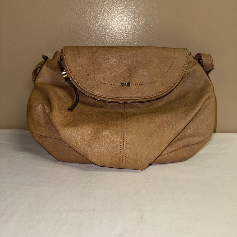 Elle Tan Pebble Faux Leather Crossbody Bag Hobo Shoulder Purse with Bow Detail